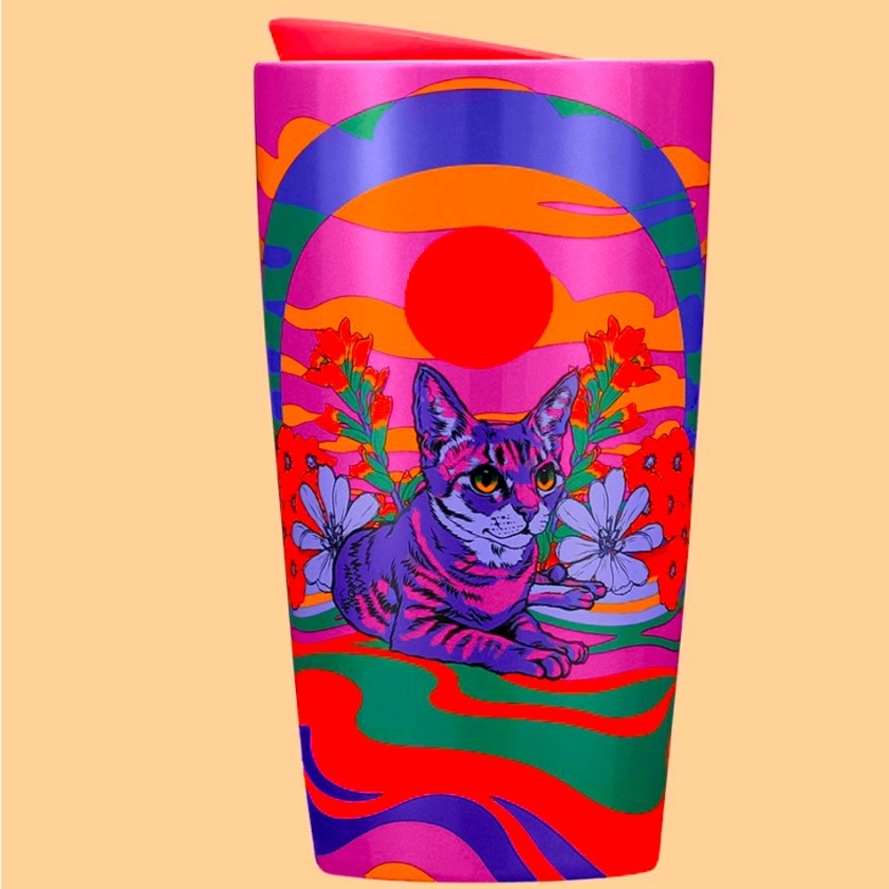 Starbucks Artist Rex Hamilton’s Neon Tabby Cat Ammee Ceramic Hot Cup Tumbler NWT